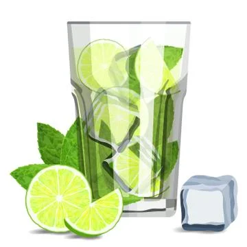 Fresh mojito coctail with lime slices, ice cubes and fresh mint leaves Stock Illustration