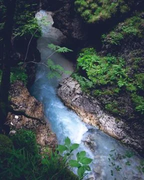 Fresh mountain stream flowing between rocks and forest Foto stock