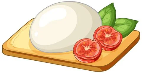 Fresh Mozzarella Cheese Ball with Sliced Tomatoes and Basil on Board Stock Illustration