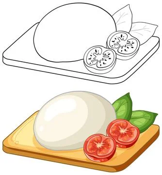 Fresh Mozzarella Cheese Ball with Sliced Tomatoes and Basil Leaves Stock Illustration