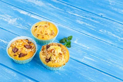 Fresh muffins with nuts and chocolate Stock Photos