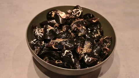 Fresh  mussels in a bowl. Preparing shellfish for cooking. Stock Footage 297008309