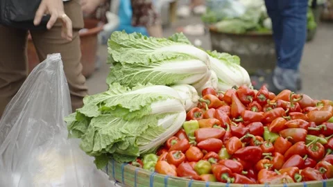 Fresh Napa Cabbage and Mini Sweet Peppers on Vegetable Market Display Stock-Footage 341312208