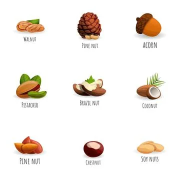 Fresh nuts icon set, cartoon style Stock Illustration