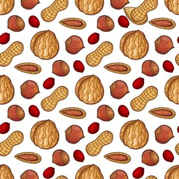 Fresh nuts seamless pattern. Vector nuts sketch background Stock Illustration