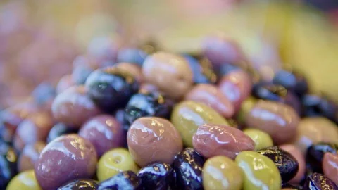 Fresh Olives at a Market Stall Stock Footage 100593853