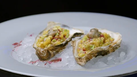 Fresh opened oyster on crushed ice in restaurant Stock Footage 102711486