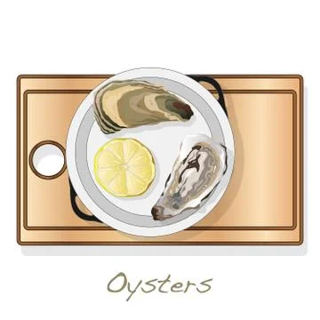 Fresh opened oyster vectorv images set on plate / dish isolated on white back Stock Illustration
