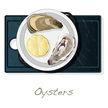 Fresh opened oyster vectorv images set on plate / dish isolated on white back Stock Illustration
