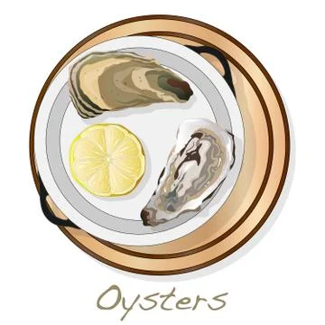 Fresh opened oyster vectorv images set on plate / dish isolated on white back Stock Illustration