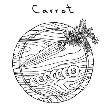 Fresh Orange Carrots with Leaves on a Cutting Wooden Board and Round Slices.  Stock Illustration