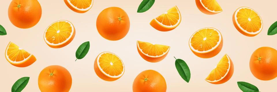 Fresh orange fruit falling on light background. Vector realistic illustration Illustrazione stock