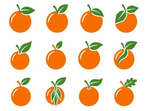 Fresh orange fruit with green leaf silhouette vector illustration set 스톡 일러스트