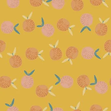 Fresh orange fruit seamless pattern in simple design. Yellow background. Food 스톡 일러스트