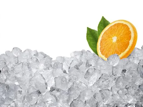Fresh orange on ice cubes background Stock Photos