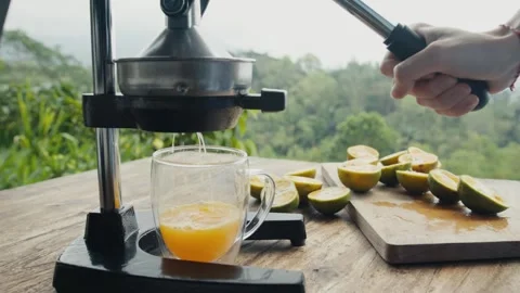 Fresh orange juice squeezing with manual citrus press Stock Footage 305355280