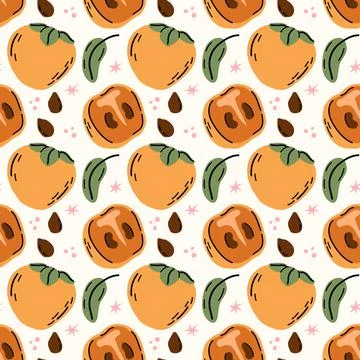 Fresh orange persimmon fruit and slices seamless pattern background Stock Illustration