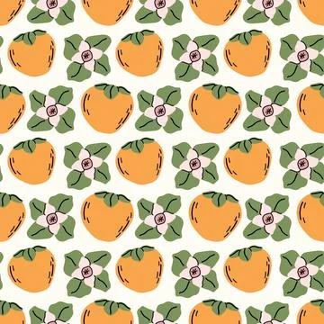 Fresh orange persimmon fruit and flowers seamless pattern background Stock Illustration