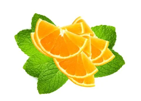 Fresh orange slices over mint leaves isolated on white Stock Photos