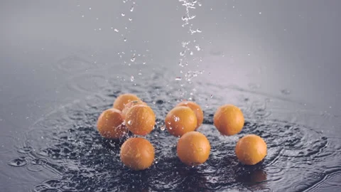 Fresh oranges and water fall down in slow motion. Stock Footage 147231835