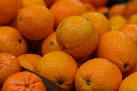 Fresh Oranges Close Up on Display Counter for Background Use Fotos de archivo