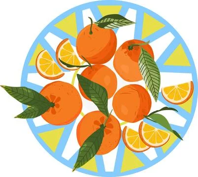 Fresh Oranges on Decorative Patterned Plate Vector Stock Illustration