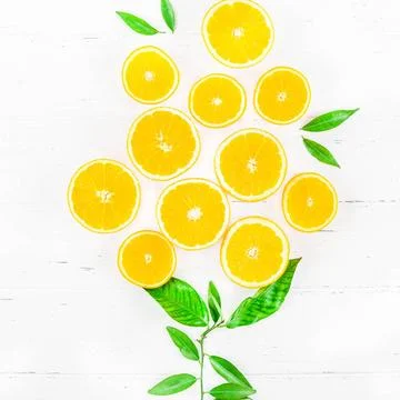 Fresh oranges pattern on white background Creative scandinavian style flat... Stock Photos