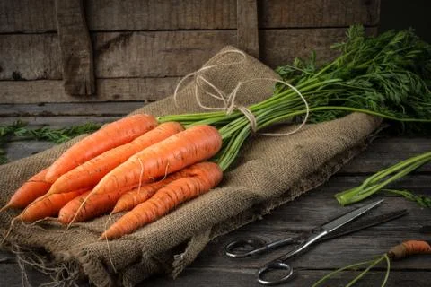 Fresh Organic Carrots  on rustic  table Stock Photos