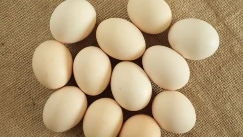 Fresh organic chicken eggs on a rustic burlap background Видео 336038042