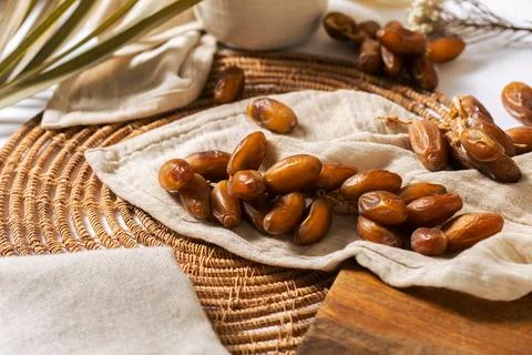Fresh Organic Dates on Rustic Woven Mat Stock Photos
