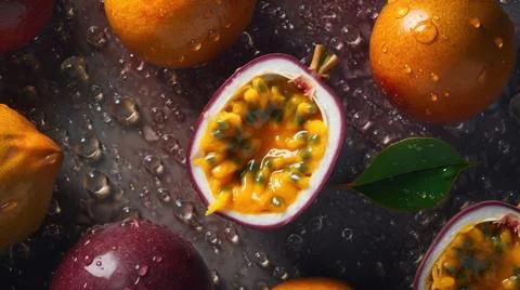 Fresh Organic Passionfruit Fruit Horizontal Background. Stock Photos
