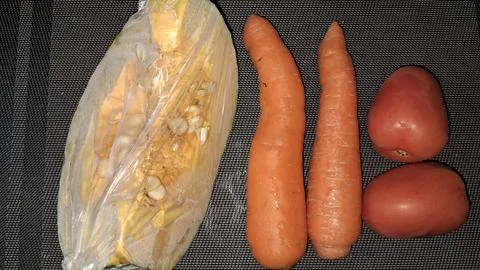 Fresh organic pumpkin slice with two carrots and red tomatoes Stock Photos