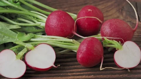Fresh organic red radish on rustic wooden table. Healthy organic vegetable ( Stock Footage 170005189