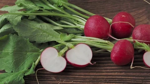 Fresh organic red radish on rustic wooden table. Healthy organic vegetable ( Stock Footage 170226764