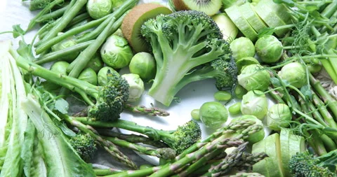 Fresh organic spring vegetables. Top view, rotation, 4k video  Stock Footage 171610976