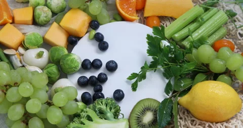 Fresh organic spring vegetables. Top view, rotation, 4k video  Stock Footage 171786883