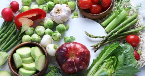 Fresh organic spring vegetables. Top view, rotation, 4k video  Stock Footage 171848853