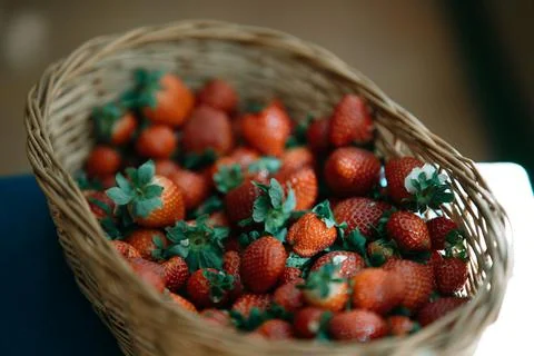 Fresh organic strawberries in a basket Stock Photos