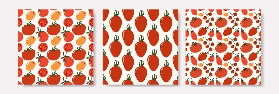 Fresh Organic Tomato Seamless Pattern Set with Ripe and Cherry Tomatoes Stock Illustration