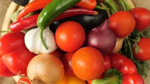 Fresh organic vegetable assortment rotating slowly Stock Footage 335837137