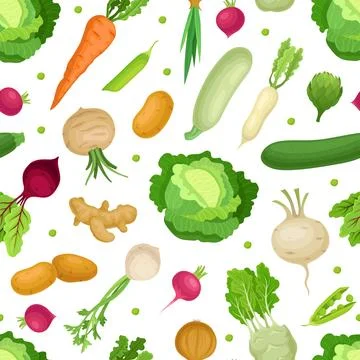 Fresh Organic Vegetable Seamless Pattern Design Vector Template Stock Illustration