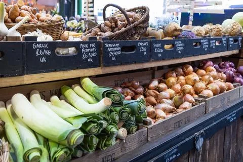 Fresh organic vegetables on display at Borough Market in London Stock Photos