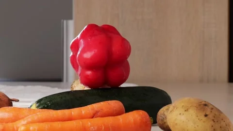 Fresh organic vegetables on kitchen table for healthy plant-based cooking. .. Video stock 329199126