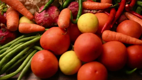 Fresh Organic Vegetables On Table - Tomatoes - Lemon - Cauliflower - Carrot Stock-Footage 327513270