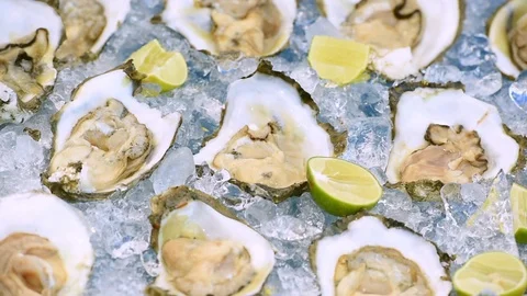 Fresh Oyster on half shell on big plate in restaurant Stock Footage 107271207