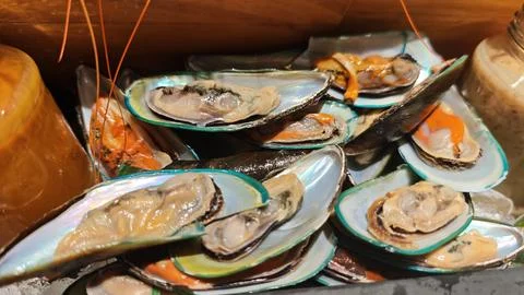 Fresh Oysters on Half Shell Served on Ice at Seafood Buffet Display Station Stock Photos