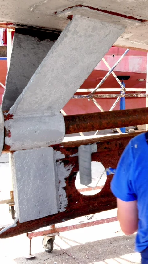 Fresh paint under the Hull at the Shipyard, preparing for Launch Stock Footage 312996141