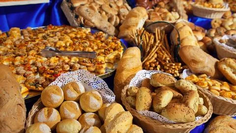 Fresh pastry on table in buffet Stock Photos