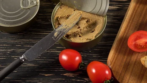 Fresh pate with bread on wooden table Stock Footage 74720020