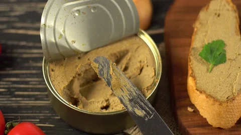 Fresh pate with bread on wooden table Stock-Footage 74720488
